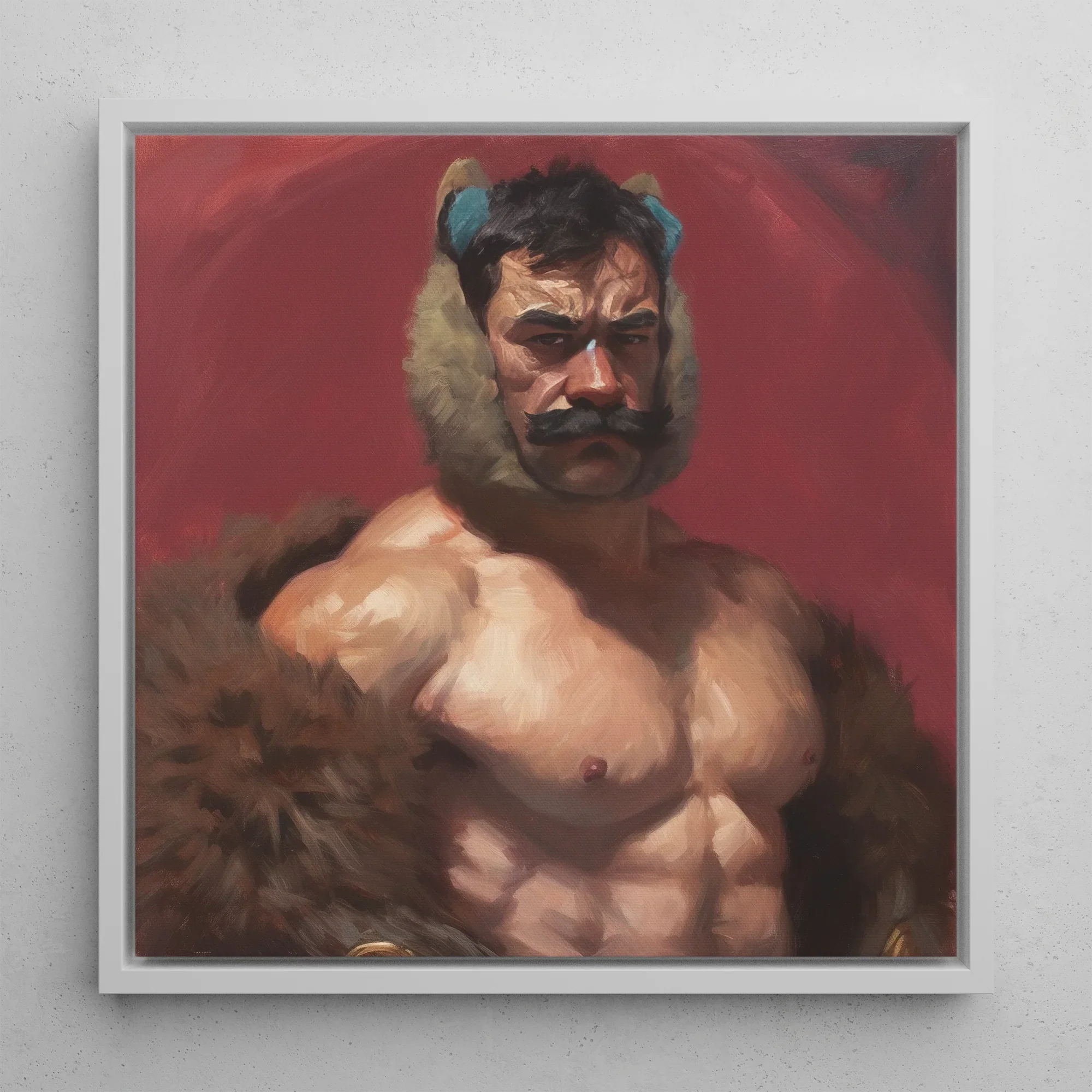 Zaddy Bear Gay Muscle Daddy Framed Canvas, 12x12’’ / 31x31cm / White Floating Frame, Muscular Man Fur