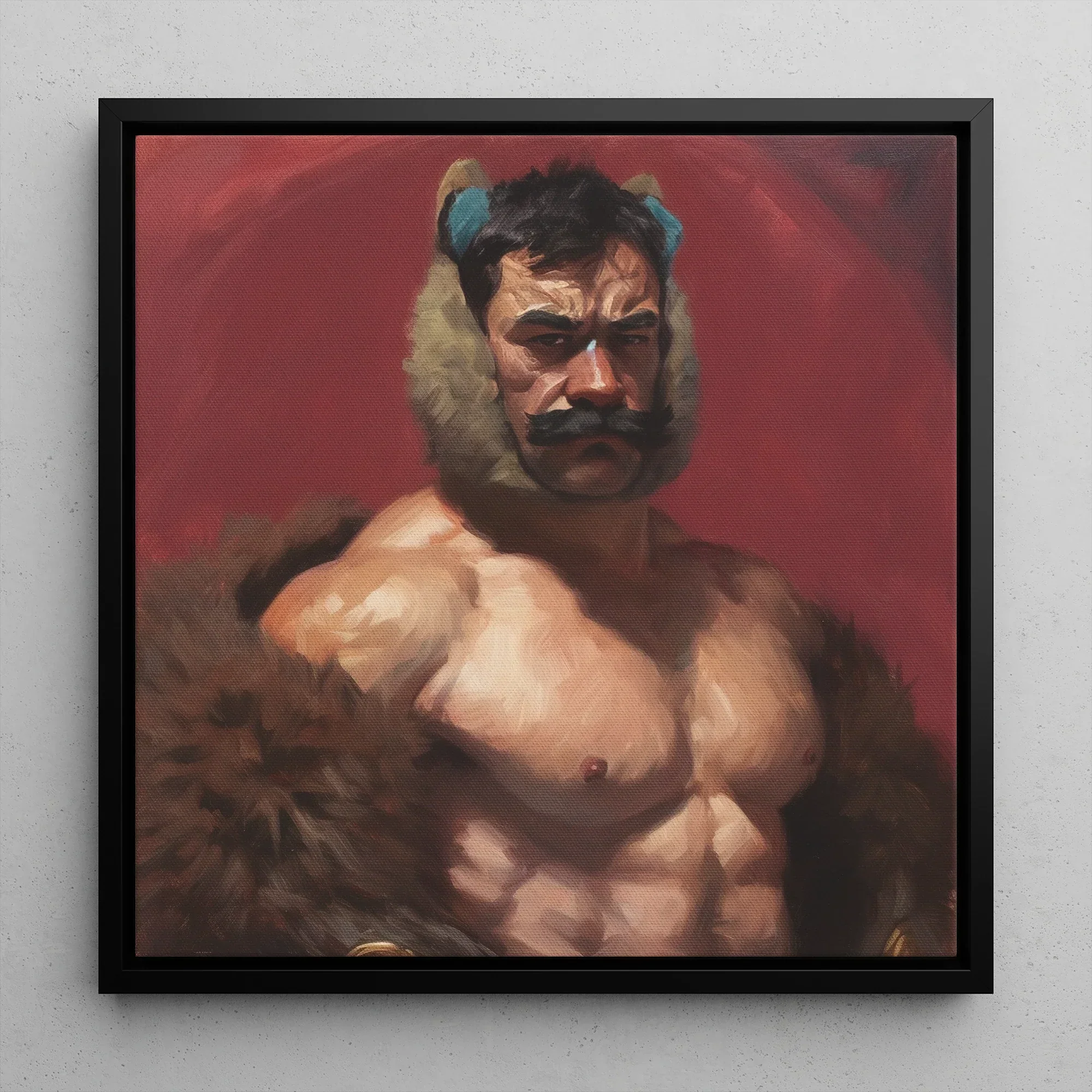 Zaddy Bear - Gay Muscle Daddy Framed Canvas, Framed Painting Muscular Man Mustache Fur Collar