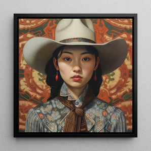 Zhi - Chinese Lesbian Cowgirl Art Framed Canvas, 12x12’’ / 31x31cm / Black Floating Frame, Portrait Young Asian Woman White Cowboy Hat