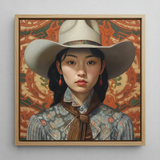 Zhi - Chinese Lesbian Cowgirl Art Framed Canvas, 12x12’’ / 31x31cm / Natural Floating Frame, Framed Portrait Young Woman Cowboy Hat