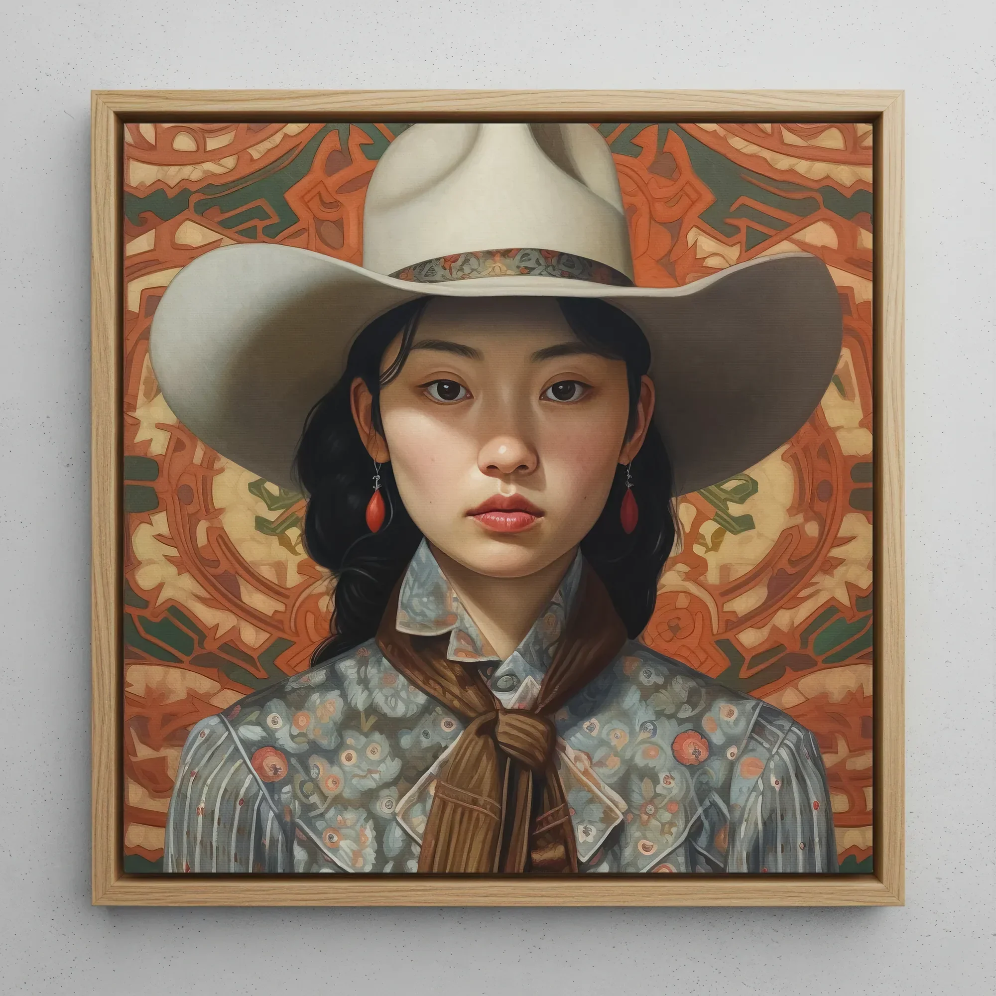 Zhi - Chinese Lesbian Cowgirl Art Framed Canvas, 12x12’’ / 31x31cm / Natural Floating Frame, Framed Portrait Young Woman Cowboy Hat