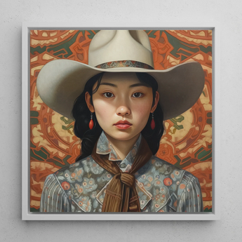 Zhi - Chinese Lesbian Cowgirl Art Framed Canvas, 12x12’’ / 31x31cm / White Floating Frame, Framed Portrait Woman Cowboy Hat