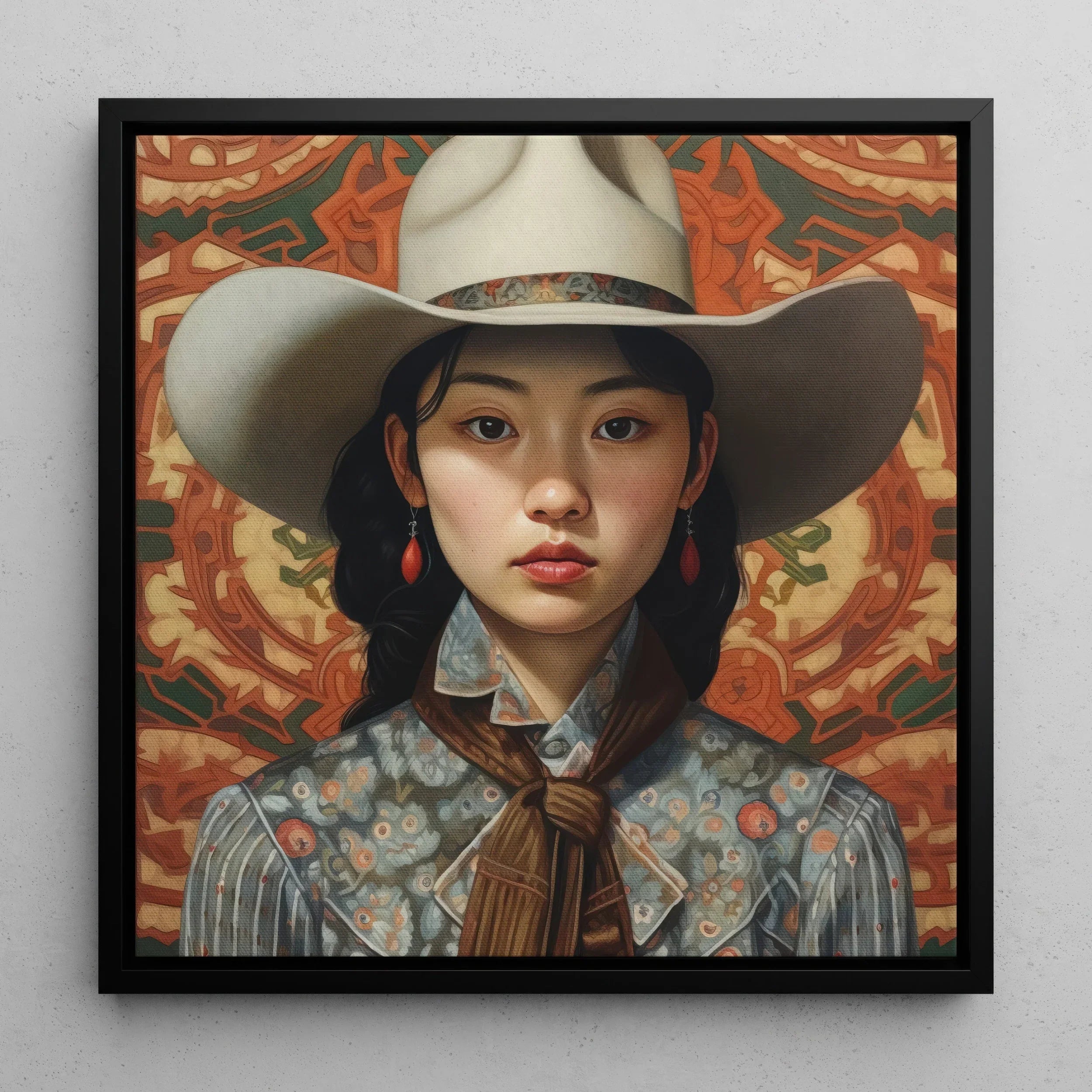 Zhi - Chinese Lesbian Cowgirl Art Framed Canvas, Portrait Young Asian Woman White Cowboy Hat Patterned