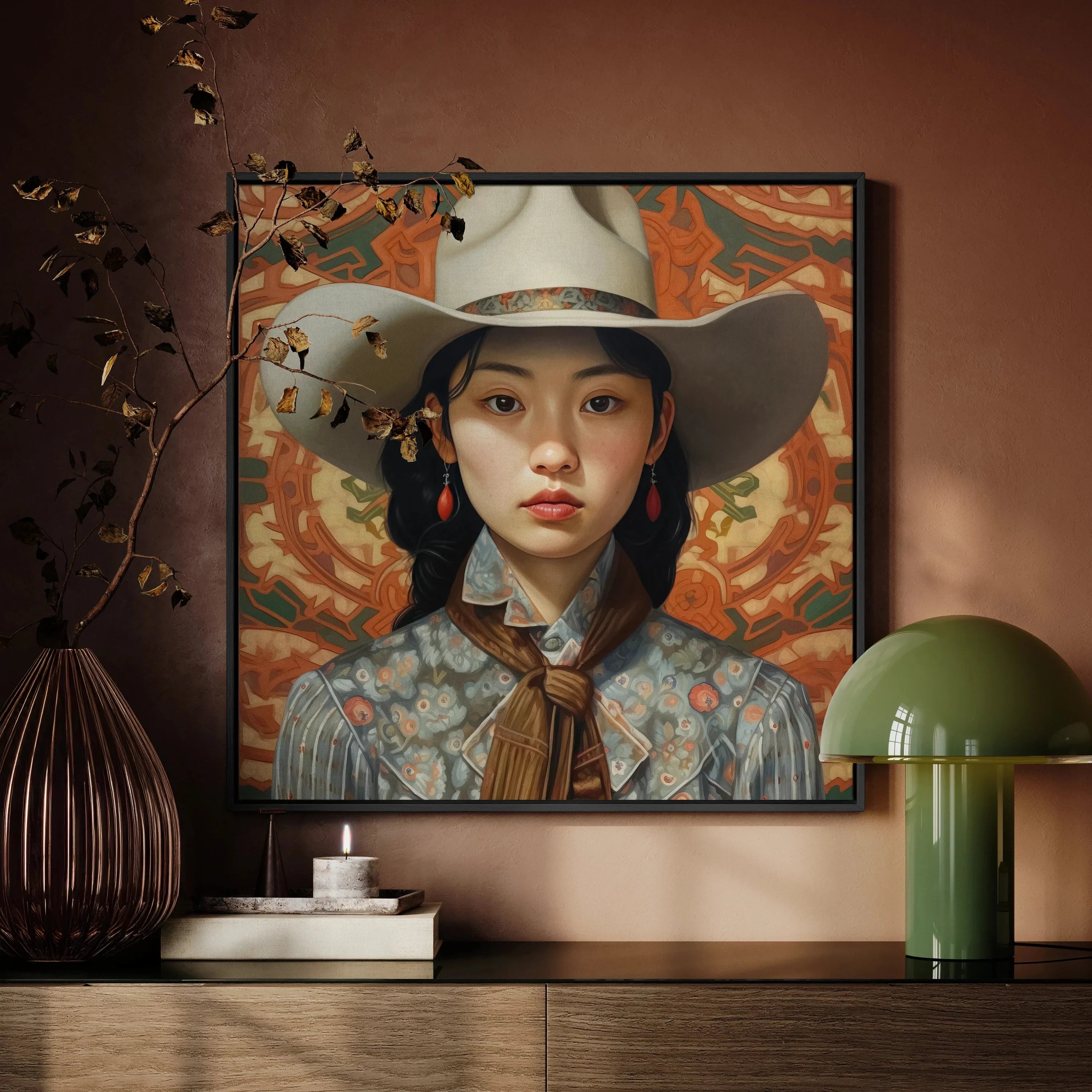 Zhi Chinese Lesbian Cowgirl Art Framed Canvas, Portrait Young Woman Wide Brimmed White Hat Patterned Shirt