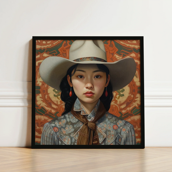 Framed Portrait Woman Wide-brimmed Off-white Cowboy Hat Embroidered Lesbian Chinese Cowgirl, Elegant Outlaw Reminding, Sapphic Asia Femme