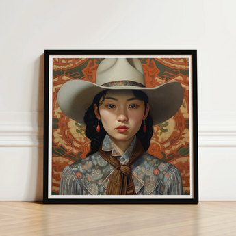 Framed Portrait Young Woman Wide-brimmed White Cowboy Hat Lesbian Chinese Cowgirl, Elegant Outlaw Reminding, Sapphic Asia Femme