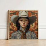 Framed Portrait Woman Wide-brimmed Beige Cowboy Hat Ornate Lesbian Chinese Cowgirl, Elegant Outlaw Reminding, Sapphic Asia Femme