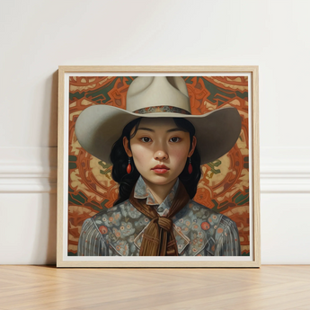Framed Portrait Young Woman Wide-brimmed Beige Cowboy Hat Lesbian Chinese Cowgirl, Elegant Outlaw Reminding, Sapphic Asia Femme