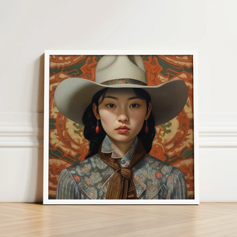 Framed Portrait Woman Light Beige Cowboy Hat Ornate Lesbian Chinese Cowgirl, Elegant Outlaw Reminding, Sapphic Asia Femme
