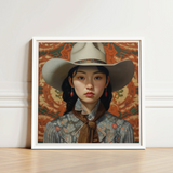 Framed Portrait Woman Light Gray Cowboy Hat Ornate Lesbian Chinese Cowgirl, Elegant Outlaw Reminding, Sapphic Asia Femme