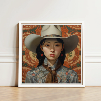 Framed Portrait Woman Light Gray Cowboy Hat Ornate Lesbian Chinese Cowgirl, Elegant Outlaw Reminding, Sapphic Asia Femme
