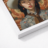 Framed Portrait Woman Dark Hair Ornate Patterned Blouse Lesbian Chinese Cowgirl, Elegant Outlaw Reminding, Sapphic Asia Femme