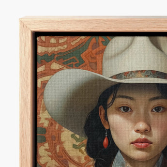Framed Canvas Painting Woman Wide-brimmed Off-white Hat Ornate Lesbian Chinese Cowgirl, Elegant Outlaw Reminding, Sapphic Asia Femme