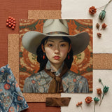 Zhi - Lesbian Chinese Cowgirl Art Print / Canvas Detailed Portrait Young Woman Off-white Cowboy Hat Patterned, Elegant Outlaw Reminding,