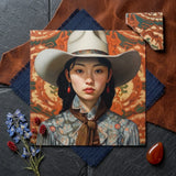 Zhi - Lesbian Chinese Cowgirl Art Print / Canvas Square Painting Young Woman White Cowboy Hat, Elegant Outlaw Reminding, Sapphic Asia Femme
