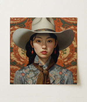 Square Canvas Painting Young Woman Wide-brimmed White Cowboy Lesbian Chinese Cowgirl, Elegant Outlaw Reminding, Sapphic Asia Femme