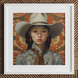 Zhi - Lesbian Chinese Cowgirl Art Print / Canvas White Cowboy Hat Floral Pattern Red Earrings Lesbian Chinese Cowgirl, Elegant Outlaw