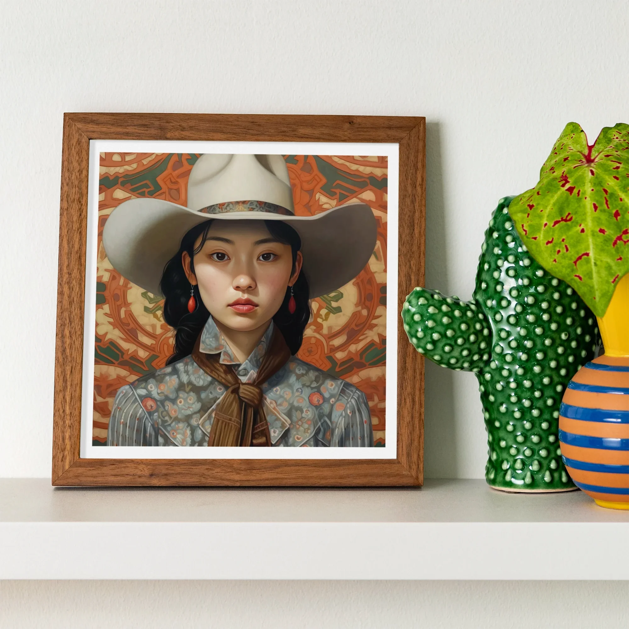 Zhi - Lesbian Chinese Cowgirl Art Print, Framed Portrait Photograph Wide-brimmed Cowboy Hat Ruffled Blouse