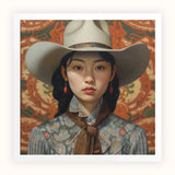 Zhi - Lesbian Chinese Cowgirl Art Print, Portrait Wide-brimmed Cowboy Hat Floral Dress Red Earrings
