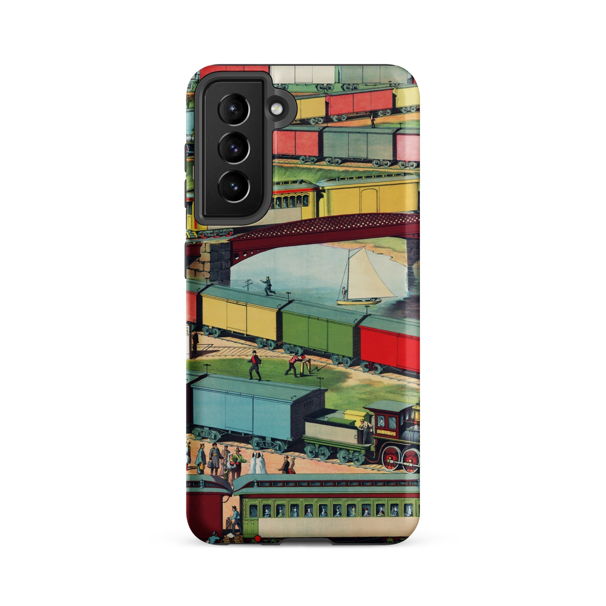 Zig Zag Vintage Railway Illustration Samsung Case, Galaxy S21 Fe / Matte, Phone Case Colorful Vintage Illustration Trains People