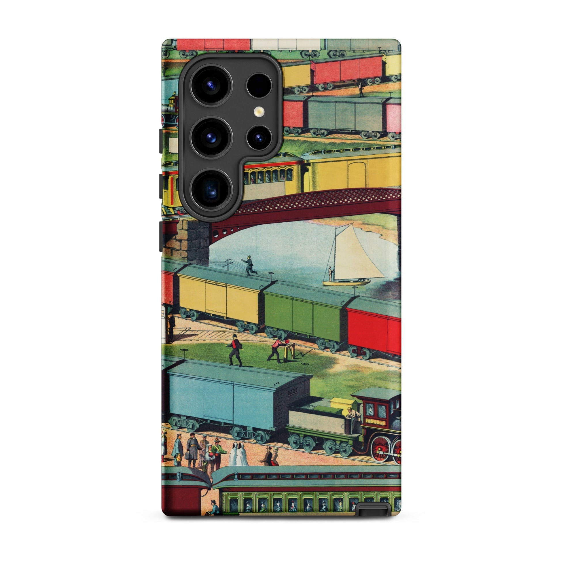 Zig Zag Vintage Railway Illustration Samsung Case, Galaxy S24 Ultra / Matte, Smartphone Case Vibrant Multi Level Illustration Trains People