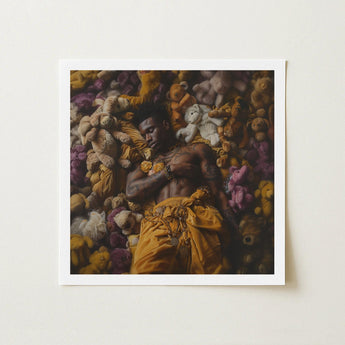 Zonked - Lowbrow Queer Black Punk Art Print / Canvas Framed Photograph Man Among Sea Colorful Stuffed Bears Gay, Afroamerican Homoerotic,