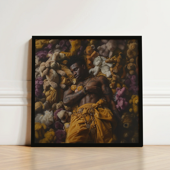 Black-framed Art Print Man Surrounded Colorful Stuffed Animals Black Gay Punk, Afroamerican Homoerotic, Visceral Plunge