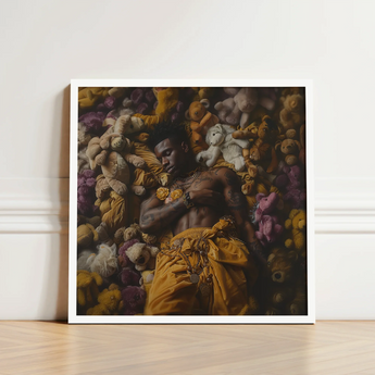 White-framed Art Print Man Surrounded Colorful Stuffed Animals Black Gay Punk, Afroamerican Homoerotic, Visceral Plunge