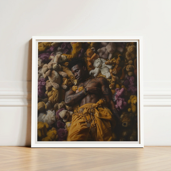 White-framed Art Print Man Surrounded Colorful Stuffed Animals Black Gay Punk, Afroamerican Homoerotic, Visceral Plunge
