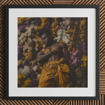 Zonked - Lowbrow Queer Black Punk Art Print / Canvas Framed Print Figure Surrounded Plush Toys Black Gay Punk, Afroamerican Homoerotic Art,