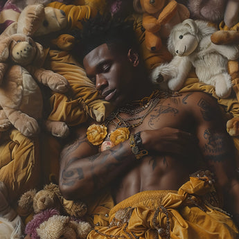 Zonked - Lowbrow Queer Black Punk Art Print / Canvas Golden Teddy Bear Plush Toy Soft Fur Classic Black Gay Punk, Afroamerican Homoerotic