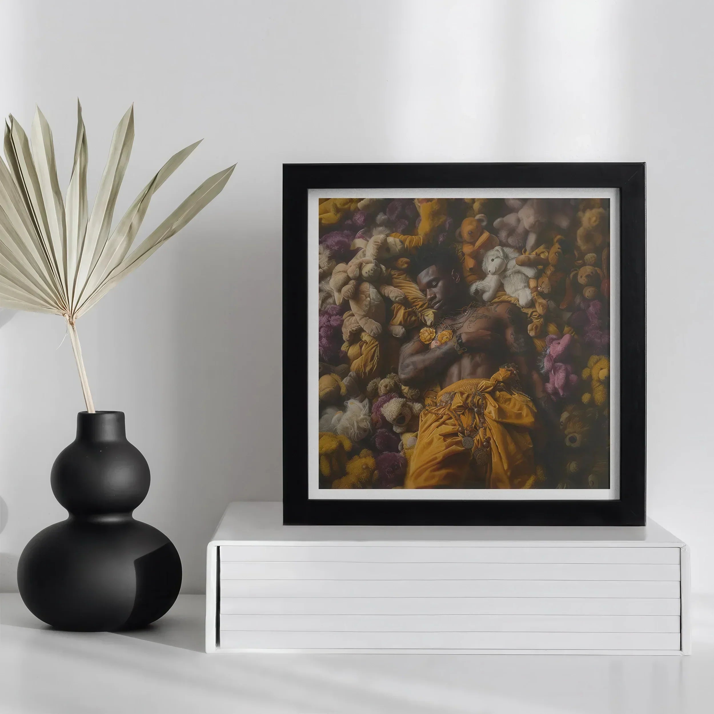 Zonked Lowbrow Queer Black Punk Art Print, Framed Artwork Figure Surrounded Colorful Abstract Shapes Forms