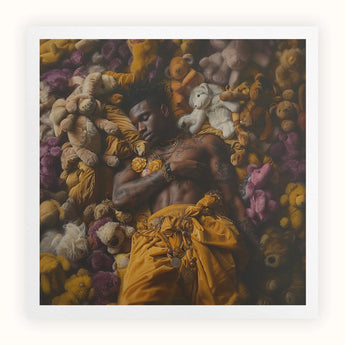 Zonked - Lowbrow Queer Black Punk Art Print, Person Surrounded Colorful Stuffed Animals Plush Toys