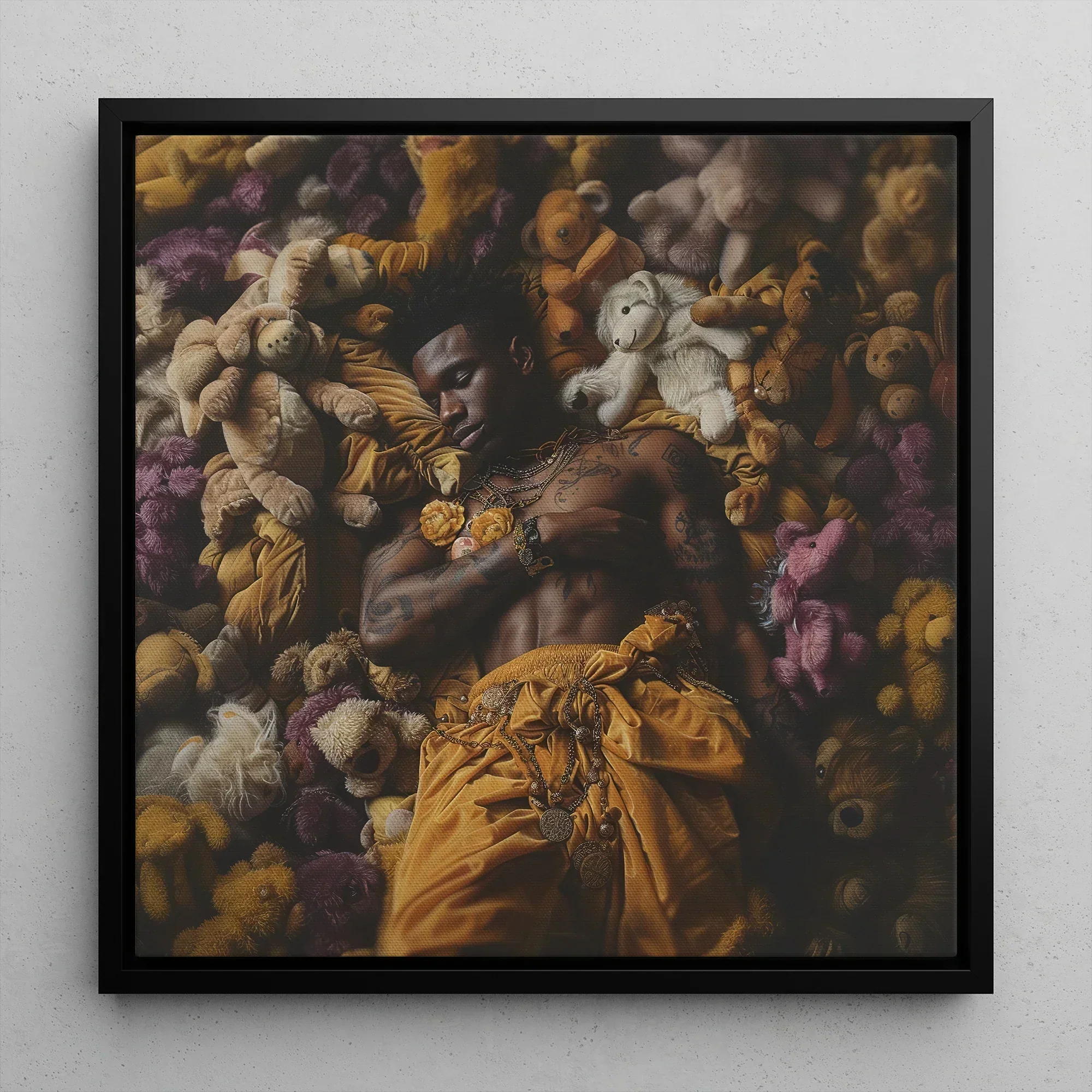 Zonked Lowbrow Queer Black Punk Framed Canvas, 12x12’’ / 31x31cm / Floating Frame, Framed Artwork Man Surrounded Teddy Bears